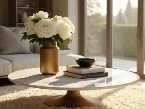 "Modern luxurious living room with round marble coffee table, styled with designer books and white peonies in brass vase, bathed in golden hour sunlight through floor-to-ceiling windows"