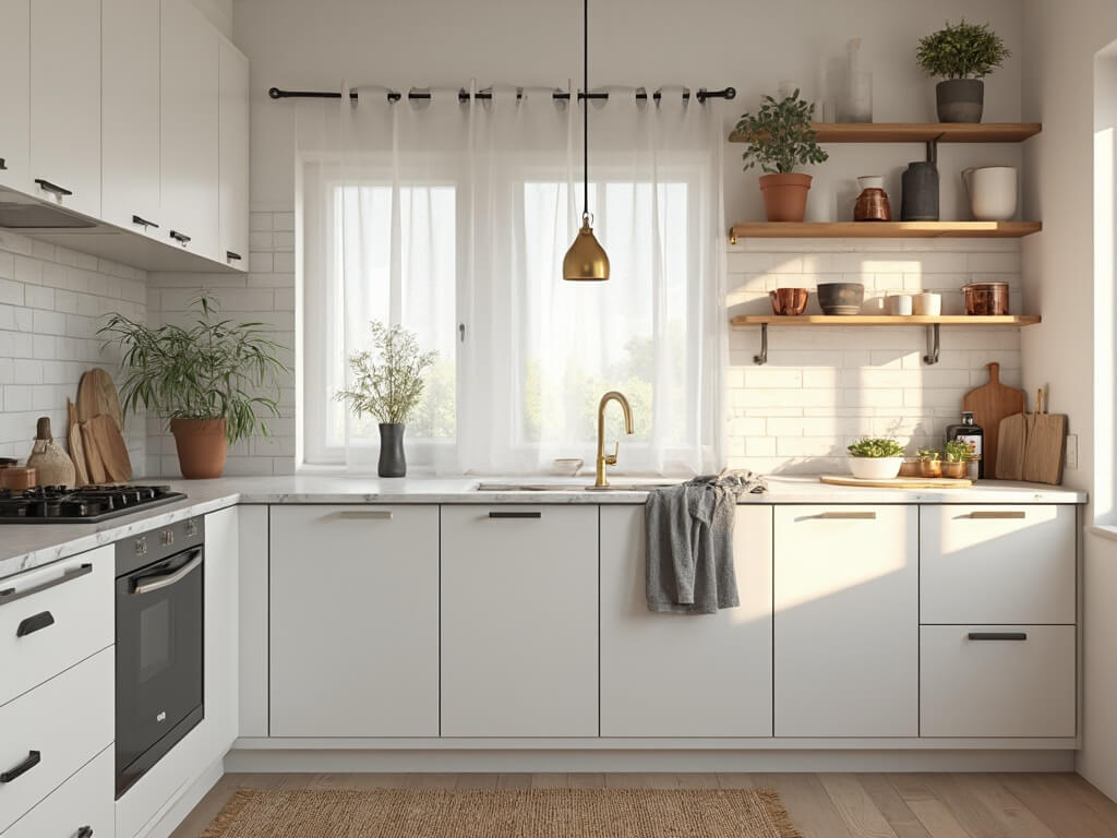 "Modern compact kitchen with natural light, featuring white cabinets, marble countertops, wooden shelves, and brass lighting fixtures."