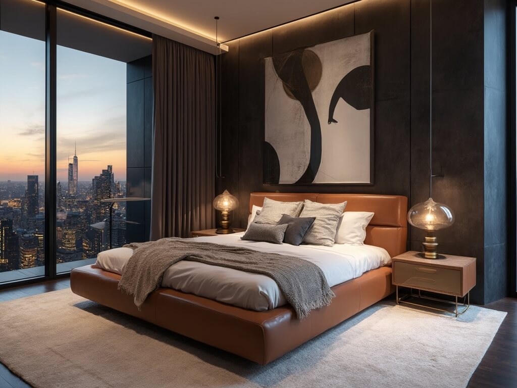 "Modern master bedroom with luxurious furnishings and floor-to-ceiling cityscape view at twilight"