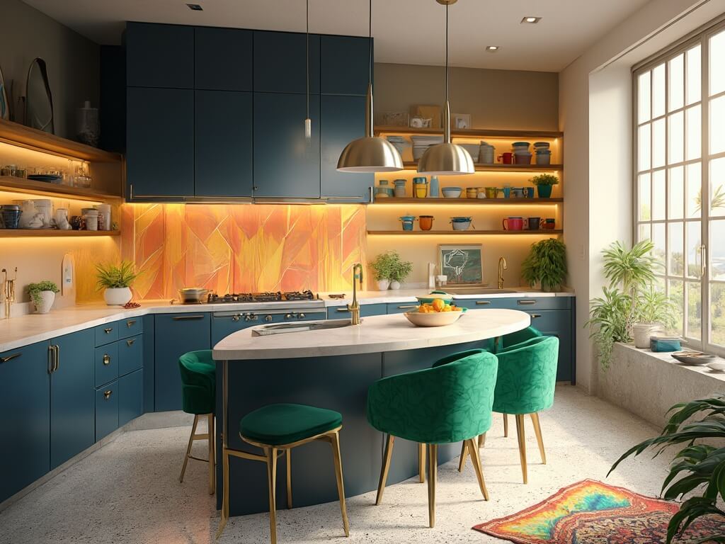 "Modern kitchen interior with navy blue cabinets, white quartzite island, geometric tile backsplash, brushed gold hardware, velvet emerald barstools, vintage Pyrex collection, and terrazzo countertops"