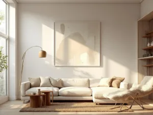 "Modern minimalist living room with ivory sectional sofa, walnut nesting tables, cream accent chair, and floor-to-ceiling windows"