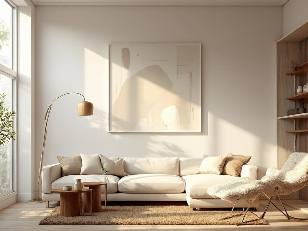 "Modern minimalist living room with ivory sectional sofa, walnut nesting tables, cream accent chair, and floor-to-ceiling windows"