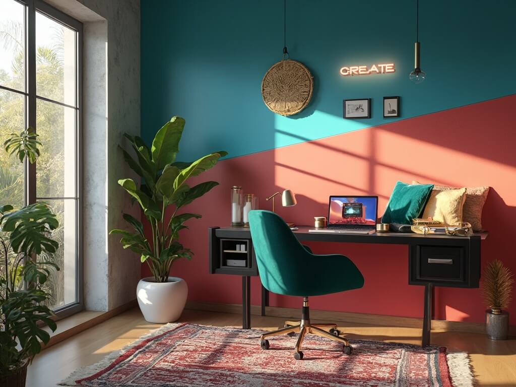 "Vibrant home office with color-blocked walls, floating desk, and stylized accessories, bathed in natural morning light."
