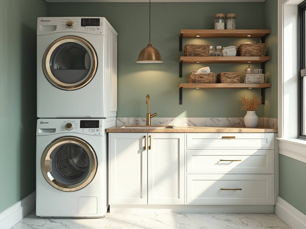 "Luxurious compact laundry room with stacked white appliances, sage green wall, and marble hexagon floor tiles, styled with oak open shelving and minimalist ceramic decor"
