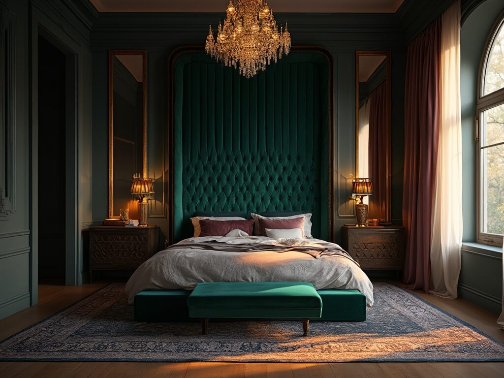 "Luxurious master bedroom with emerald velvet headboard, navy walls, crystal chandelier, brass accents, vintage Persian rug and heavy charcoal curtains filtering sunset light."