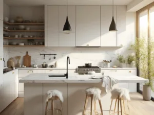 "Spacious, sunlit Nordic kitchen interior with white cabinets, veined marble island, oak flooring, matte black fixtures, and minimalist decoration."