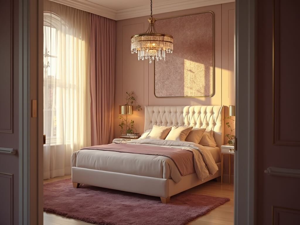 "Luxurious master bedroom with soft blush tones, king-sized bed, brass chandelier, vintage nightstands, and gilded mirror during golden hour"