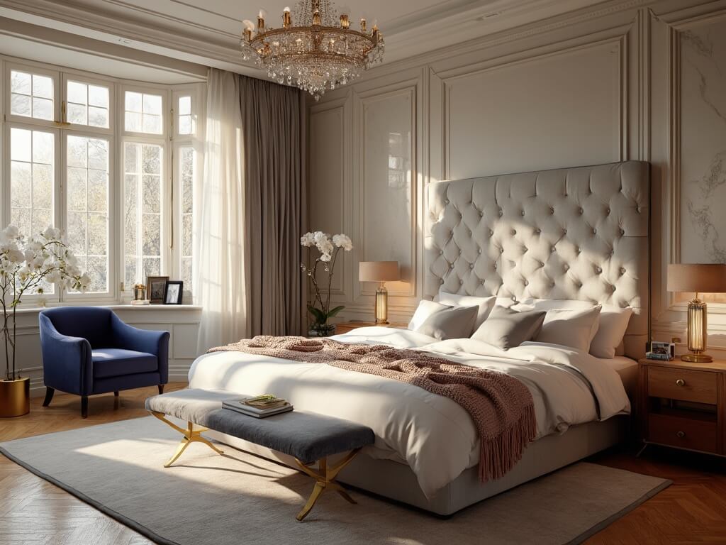 "Luxurious master bedroom interior with king-sized bed, floor-to-ceiling windows, reading nook, and romantic fireplace during golden hour."