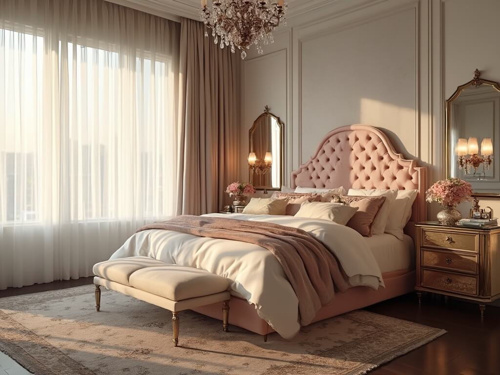 "Luxurious master bedroom with king-size bed, blush pink velvet headboard, vintage brass nightstands, crystal lamps and large arched mirrors in golden hour lighting"