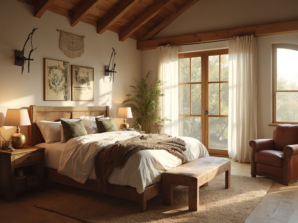 "Rustic bedroom with king-size barnwood bed, vintage oak nightstands, leather armchair, and natural decor elements in warm, ambient lighting."