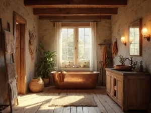 "Rustic luxury bathroom with copper soaking tub, stone accent wall, and weathered wood vanity in golden hour sunlight"