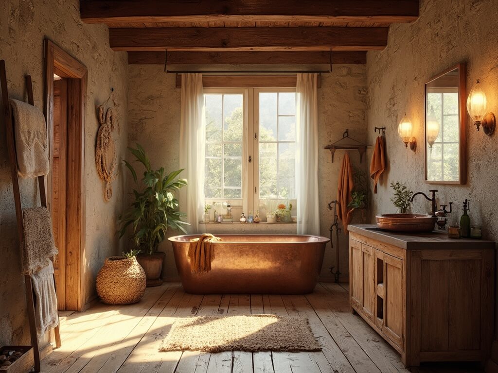 "Rustic luxury bathroom with copper soaking tub, stone accent wall, and weathered wood vanity in golden hour sunlight"