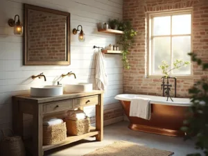 "Rustic farmhouse bathroom with morning sunlight highlighting white shiplap walls, wooden double vanity, bronze faucets, brass-framed mirror, mason jar sconces, fluffy white towels in seagrass baskets, copper soaking tub against exposed brick, floating wooden shelves with artisanal soaps, and jute rug on limestone floor."
