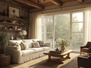 "Spacious farmhouse living room bathed in golden hour sunlight with a cream sofa, reclaimed wooden coffee table, barnwood accent wall, black pendant lights, and a leather armchair"