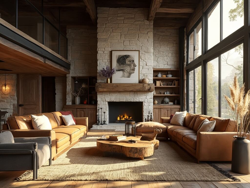 "Rustic-modern living room with stone fireplace, leather sectional, and wooden decor bathed in golden sunlight"