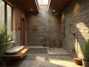 "Luxurious walk-in shower with slate stone walls, teak wood bench, river rock flooring, rainfall showerhead, and barn wood accent wall in a rustic bathroom"