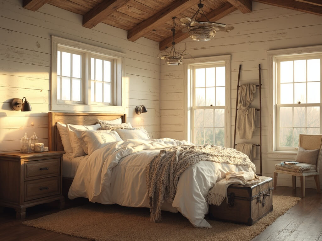 "Rustic farmhouse bedroom with king-sized bed, wooden ceiling, distressed shiplap walls, and sunlight streaming through floor-to-ceiling windows"