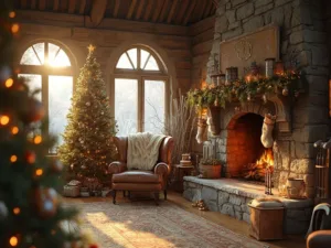 "Rustic Christmas living room with sunlight streaming in, decorated fir tree by stone fireplace with garland, cozy armchair with knit throw and cocoa mug on side table, vintage and natural accents."