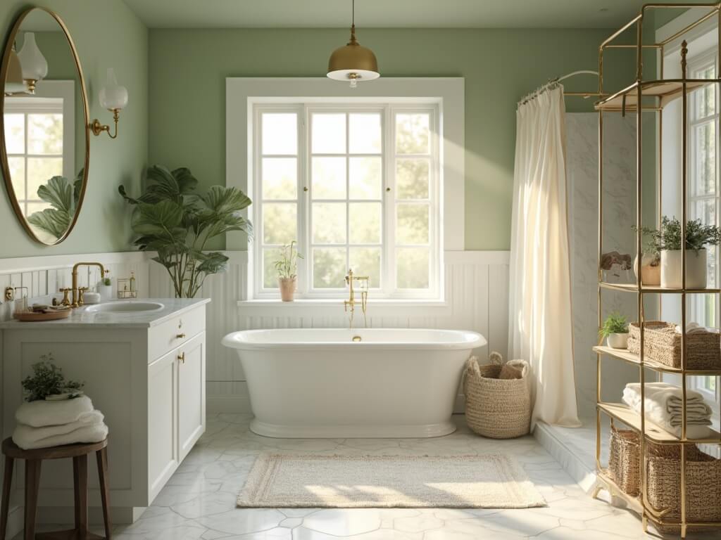 "Sage green bathroom with white soaking tub, brass fixtures, marble flooring and natural wooden elements during golden hour"