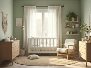 "Sage green modern nursery with natural oak dresser, white crib, oatmeal colored glider, layered rugs, minimalistic decor, and soft morning lighting"