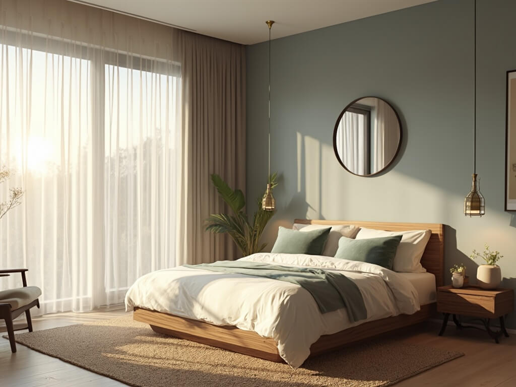 "Scandinavian minimalist master bedroom with cream linen bedding, sage green pillows, floating walnut nightstands, and soft grey and blue walls during golden hour"