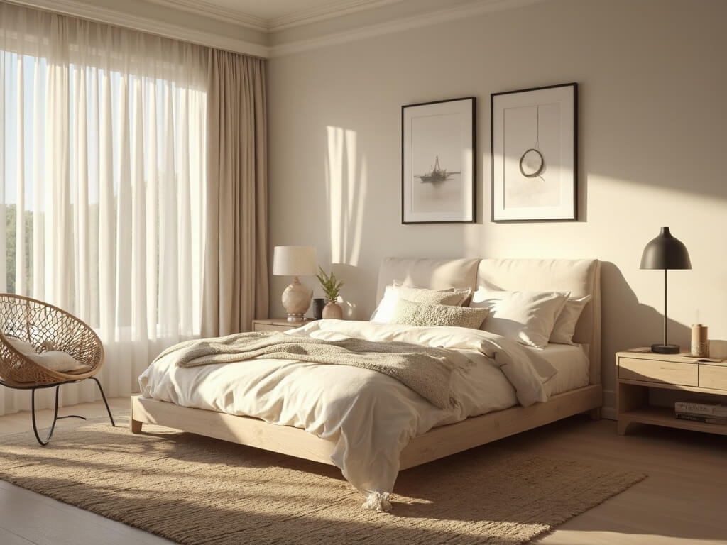 "Sophisticated master bedroom bathed in morning light with modern oak bed, floating nightstands, vintage rattan chair, greige walls with minimal artwork, and textured accents"