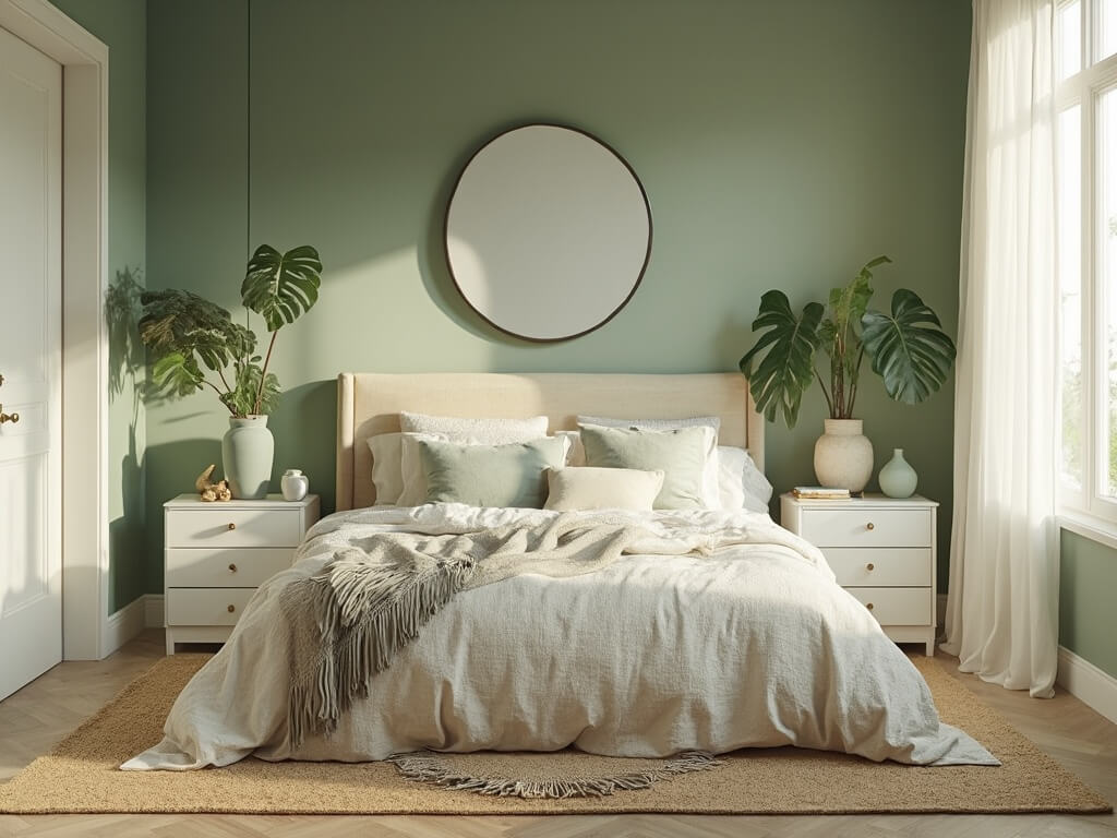"Serene sage green bedroom sanctuary with modern decor, natural lighting, and layered bedding"