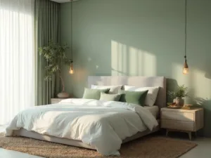 "Serene modern bedroom with sage green and grey accents, bathed in soft morning light"