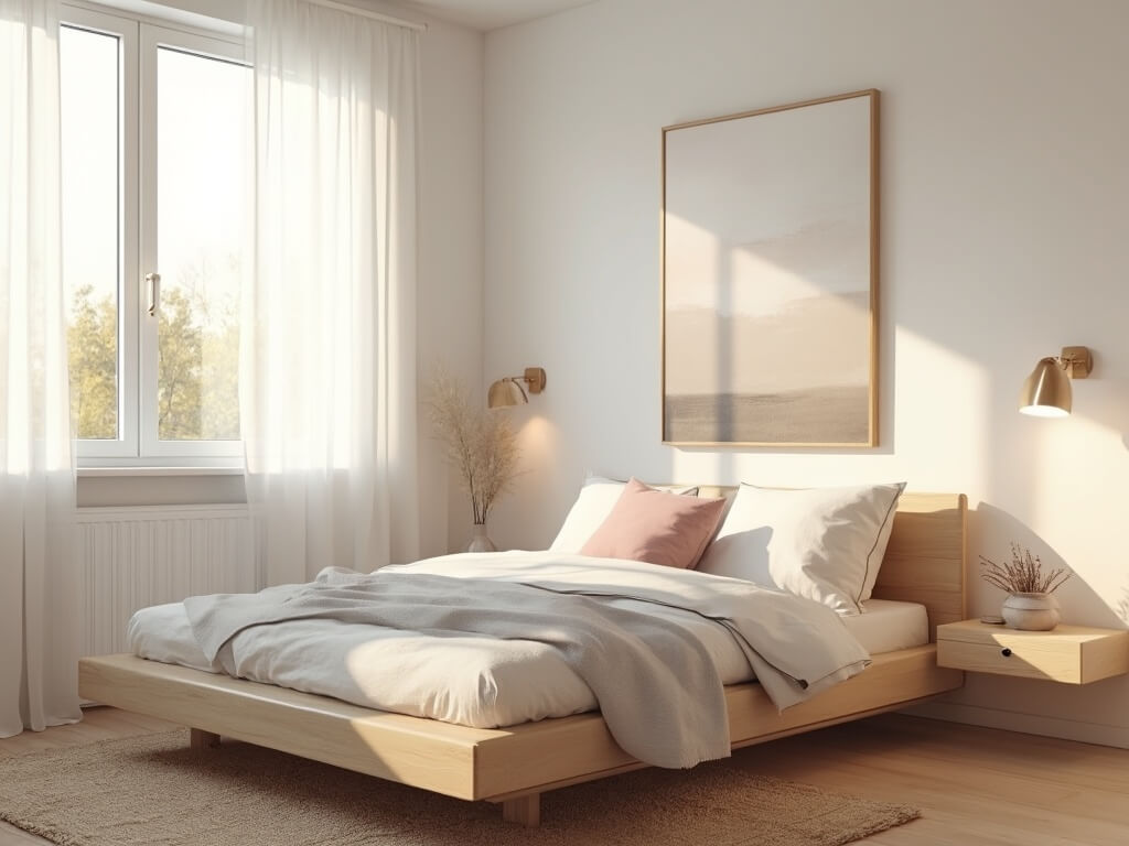"Scandinavian minimalist bedroom with morning sunlight, blush pink accent pillows, floating nightstands, and oversized abstract art."