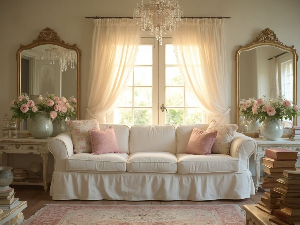 "Shabby chic living room with vintage elegance featuring white sofa, distressed mirrors, crystal chandelier, and antique books"