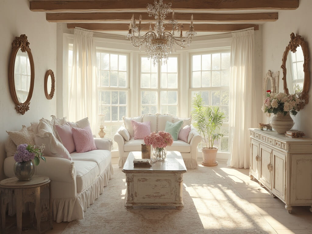 "Shabby chic living room with vintage elements, distressed white furniture, and romantic pastel accents during golden hour"
