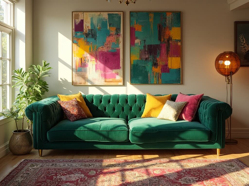 "Sunlit contemporary living room with emerald green velvet sofa, jewel-toned throw pillows, large abstract art, Persian rugs, and brass floor lamp, shot in architectural photography style"