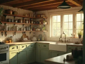 "Vintage farmhouse kitchen interior with sunlit windows, distressed green cabinets, antique copper pots, and weathered wooden breadboards"
