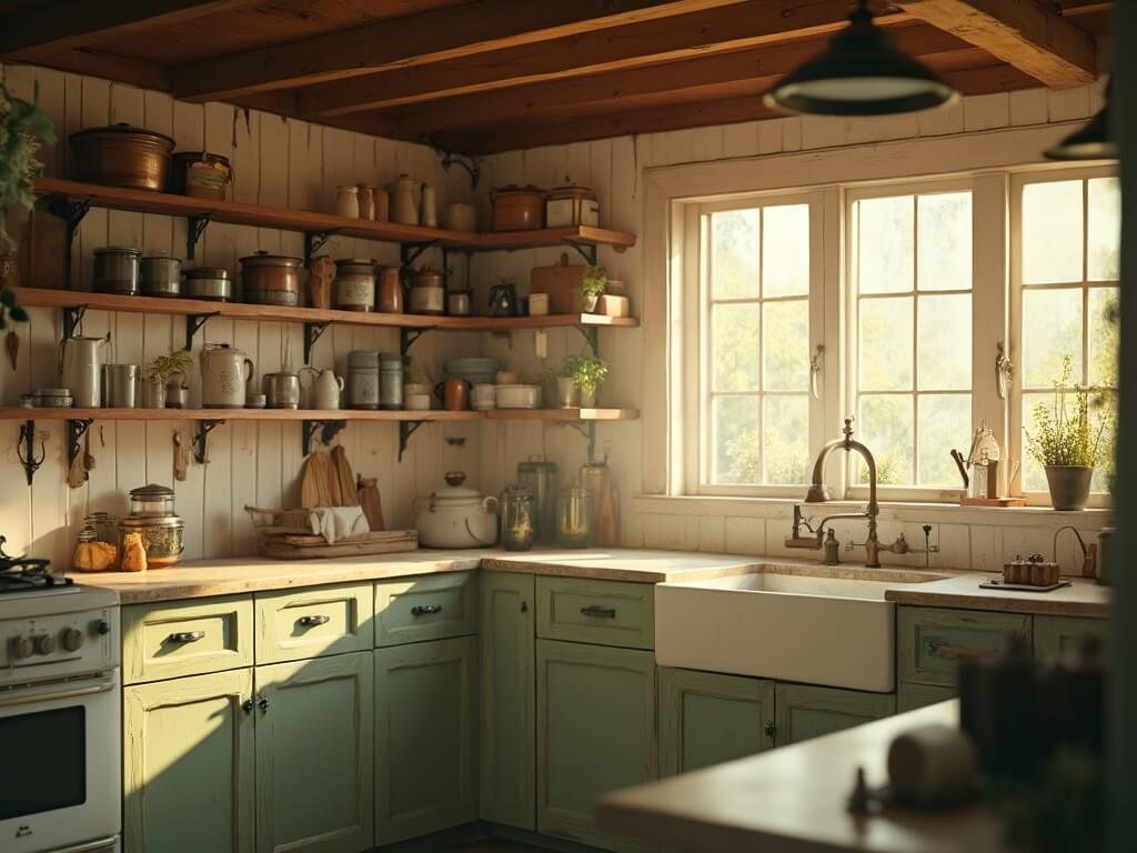 "Vintage farmhouse kitchen interior with sunlit windows, distressed green cabinets, antique copper pots, and weathered wooden breadboards"