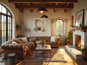 "Sun-drenched modern farmhouse living room with vintage décor, Chesterfield sofa, and whitewashed fireplace during golden hour."