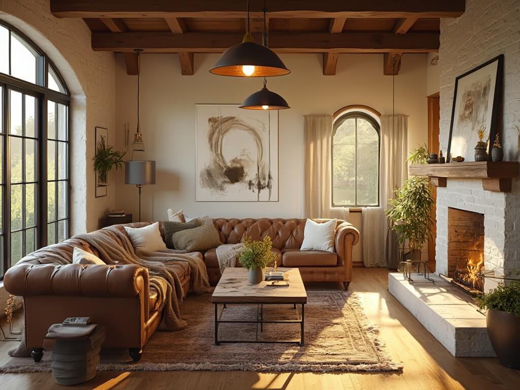"Sun-drenched modern farmhouse living room with vintage décor, Chesterfield sofa, and whitewashed fireplace during golden hour."