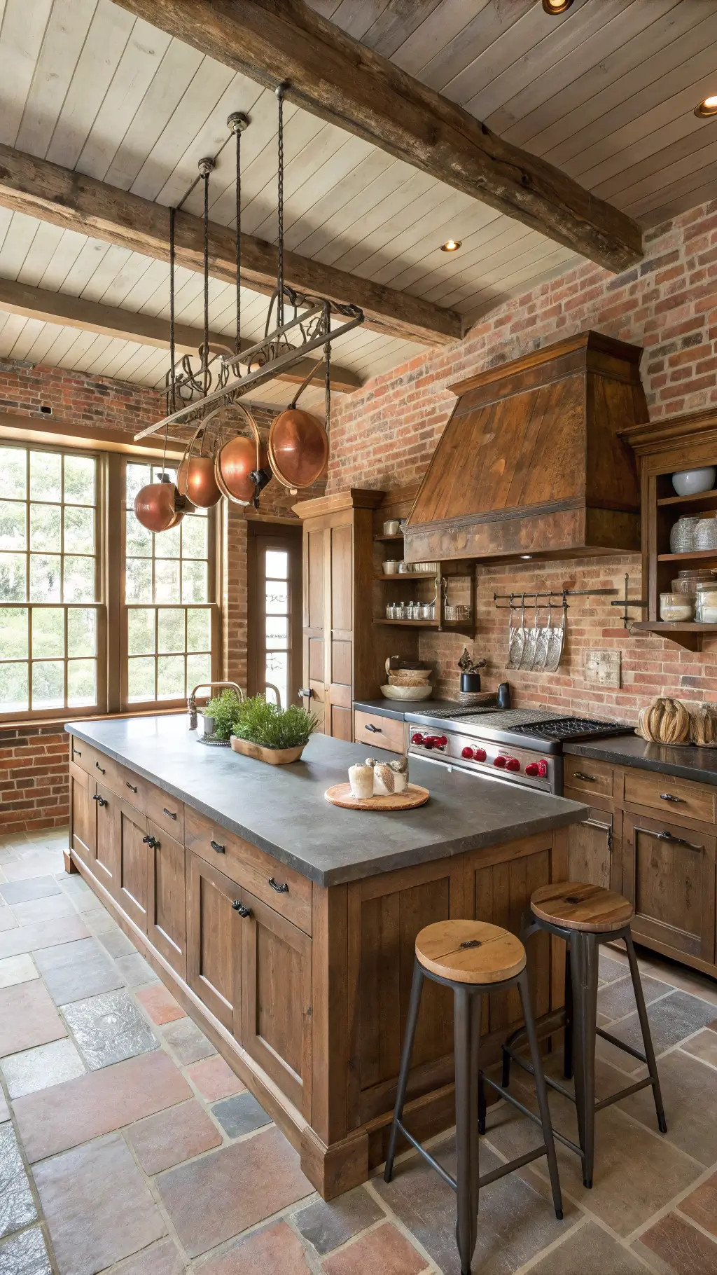 Aerial view of a rustic farmhouse kitchen with exposed brick walls, custom alder cabinets with copper hardware, soapstone counters with ironstone crockery, wooden cutting boards, a salvaged wood island with a zinc top and bentwood cafe stools, herbs drying from a ceiling rack, and glowing copper pots on open shelves, illuminated by natural light from skylights.