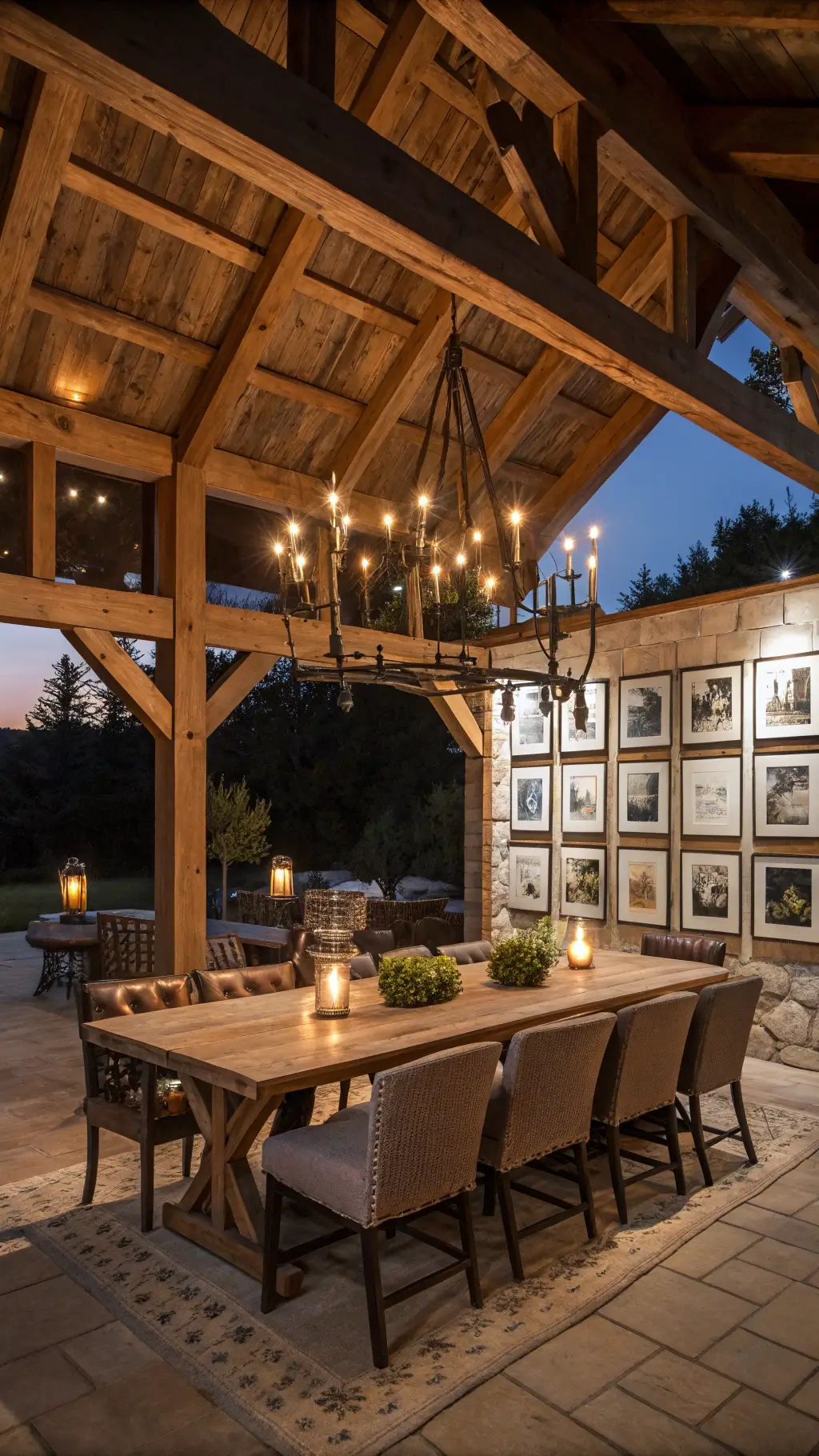 Vintage styled 16x20ft dining space at dusk with timber trusses, century-old barn beam table, black and white nature photographs, distressed oak sideboard with artisanal ceramics, and layered lighting.