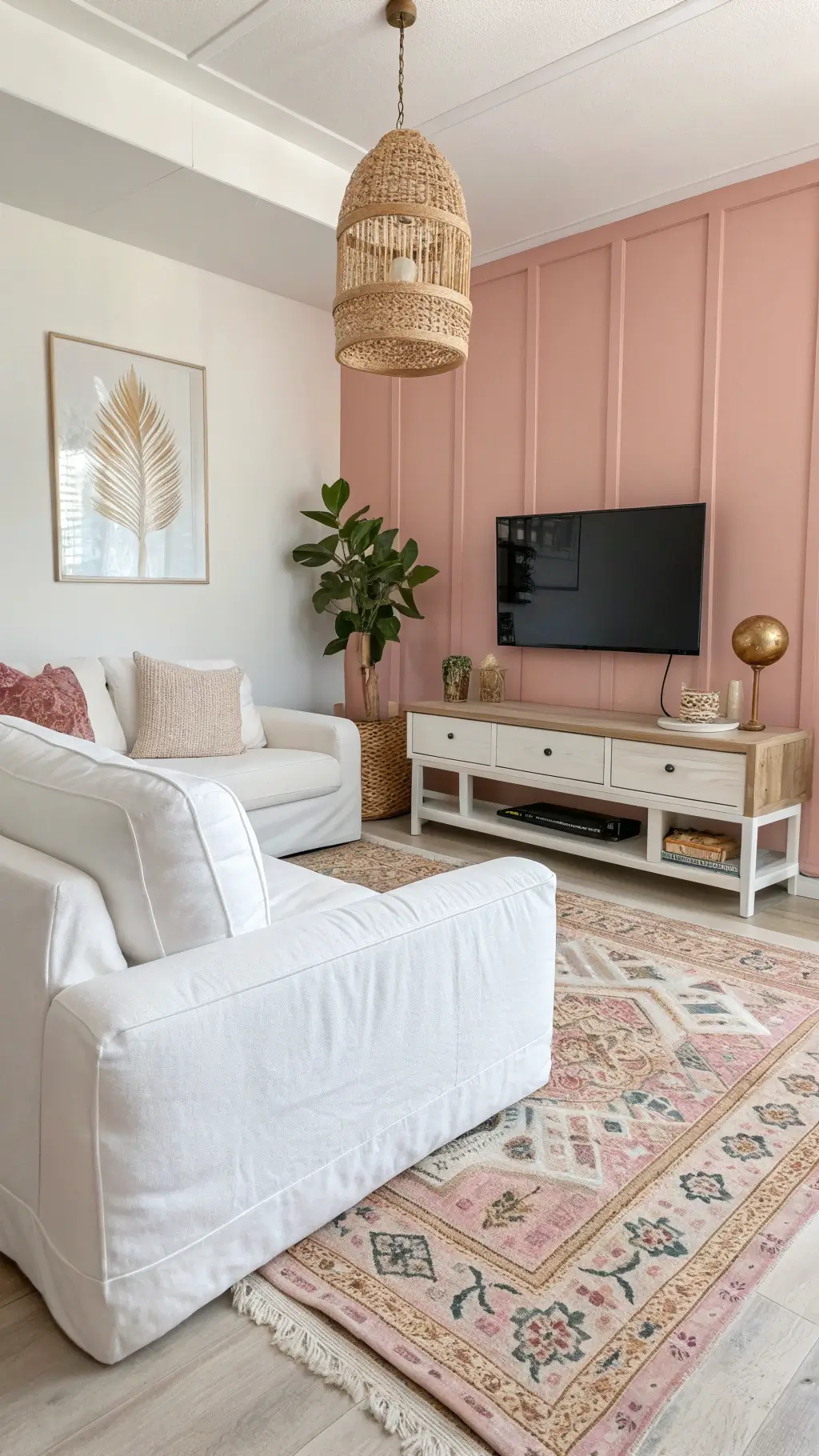 Scandinavian-Bohemian styled living room with white loveseat against a blush pink wall, bleached oak media console, vintage Turkish rug, and a rattan pendant light during mid-morning.