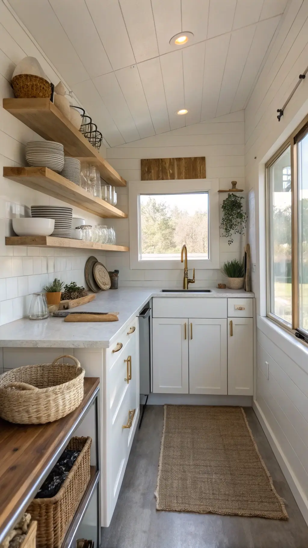 Morning light illuminating a compact kitchen with glossy white cabinets, floating wooden shelves displaying ceramics, a slim stainless steel cart under a knife strip, and highlights on woven baskets and matte concrete countertops.