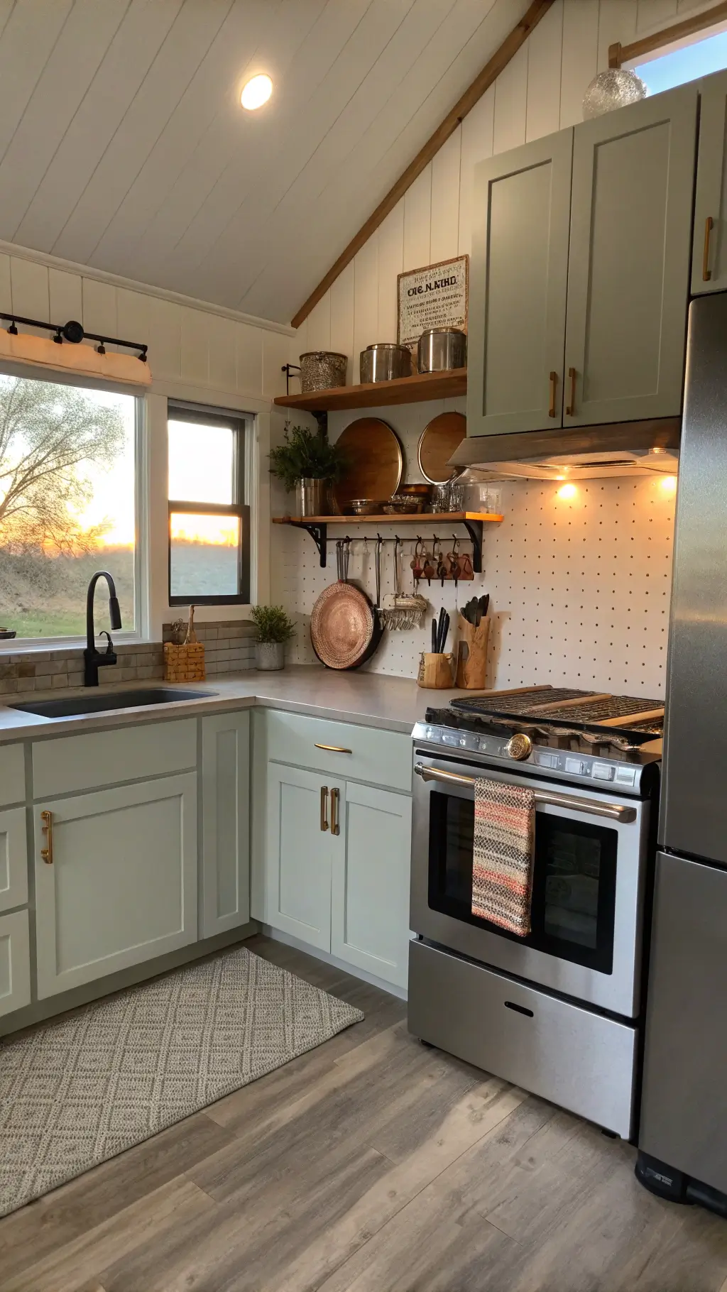 Efficiency kitchen interior at golden hour highlighting high-gloss gray cabinets, stainless steel sink, compact refrigerator and range, wall-mounted copper pots, and sage pegboard organizer filled with cooking tools.