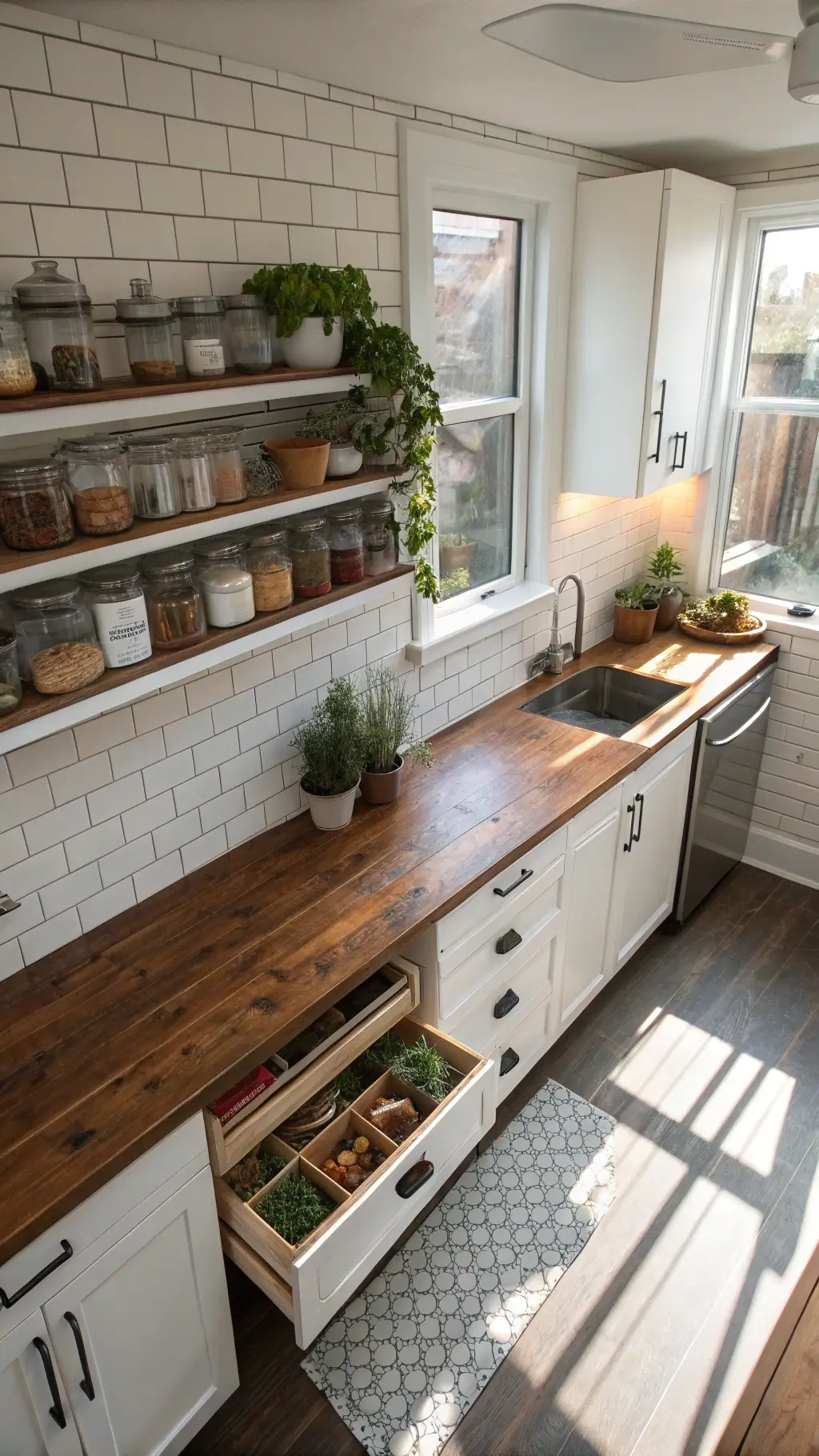 Overhead view of a compact galley kitchen with morning light casting geometric shadows, featuring a fold-down walnut countertop against a white subway-tiled wall, clear stackable containers on open shelves, and herbs in terracotta pots on the windowsill; colors include warm whites, walnut brown, terracotta, accented with black hardware.