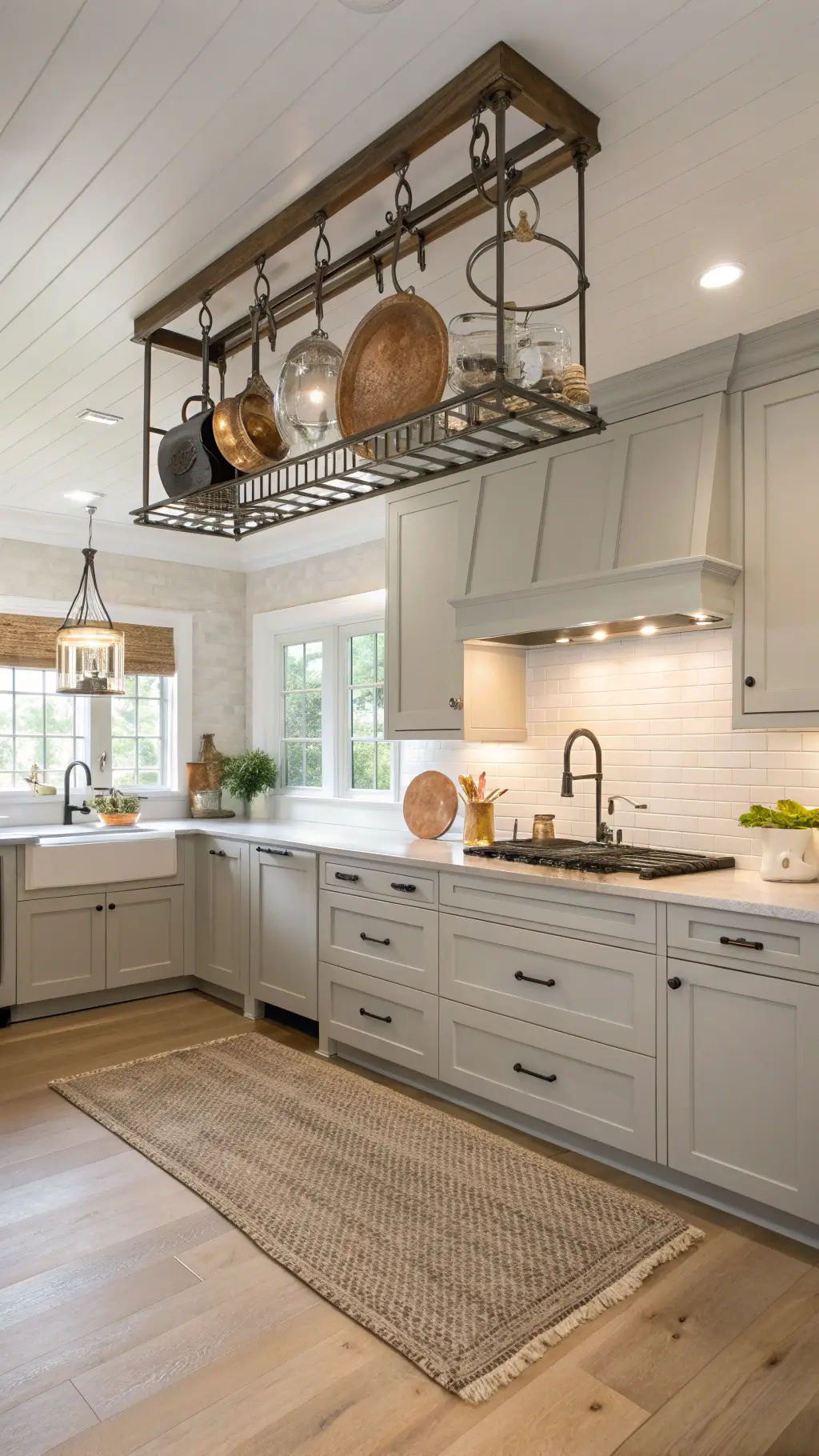 Late afternoon light shining on a kitchen corner with Scandinavian-style dove gray cabinets, ceiling-mounted bronze pot rack, textured sisal runner on light oak flooring, and vintage enamelware above a cutting board on the sink.
