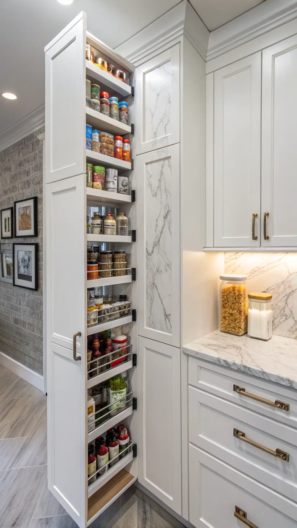 Close-up of floor-to-ceiling white cabinets in compact kitchen with built-in spice storage, pull out pantry, and magnetic strip for recipe cards, against a marble backsplash under bright studio lighting
