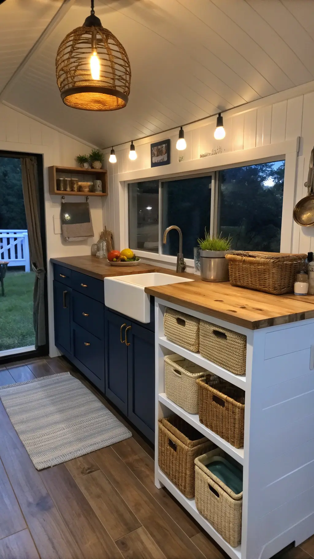 Interior of a compact kitchen at dusk, illuminated by a warm pendant light over a mobile island with a butcher block top, navy blue lower cabinets contrasting with white upper storage, decorated with woven baskets and wooden elements, captured in warm artificial and cool evening light.