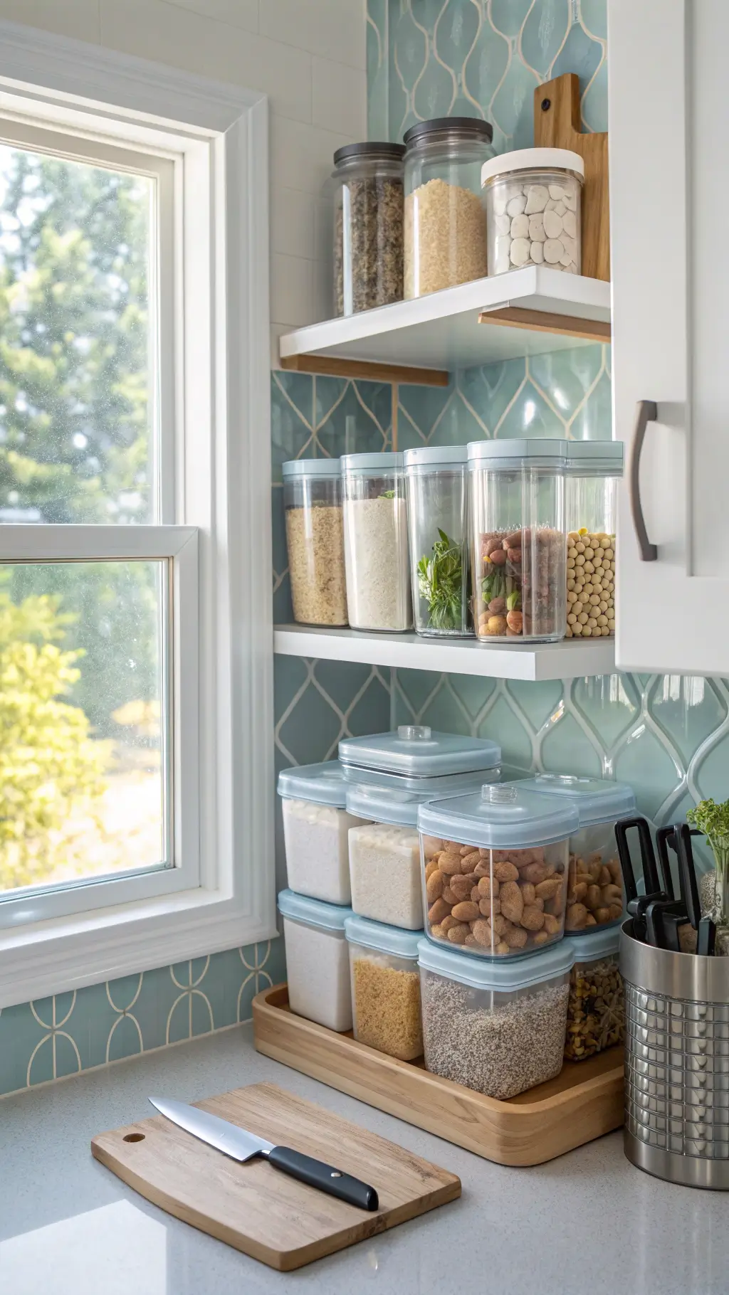 Kitchen corner organization with clear stackable containers on floating shelves, under-cabinet knife rack, and soft blue geometric backsplash tiles in morning light
