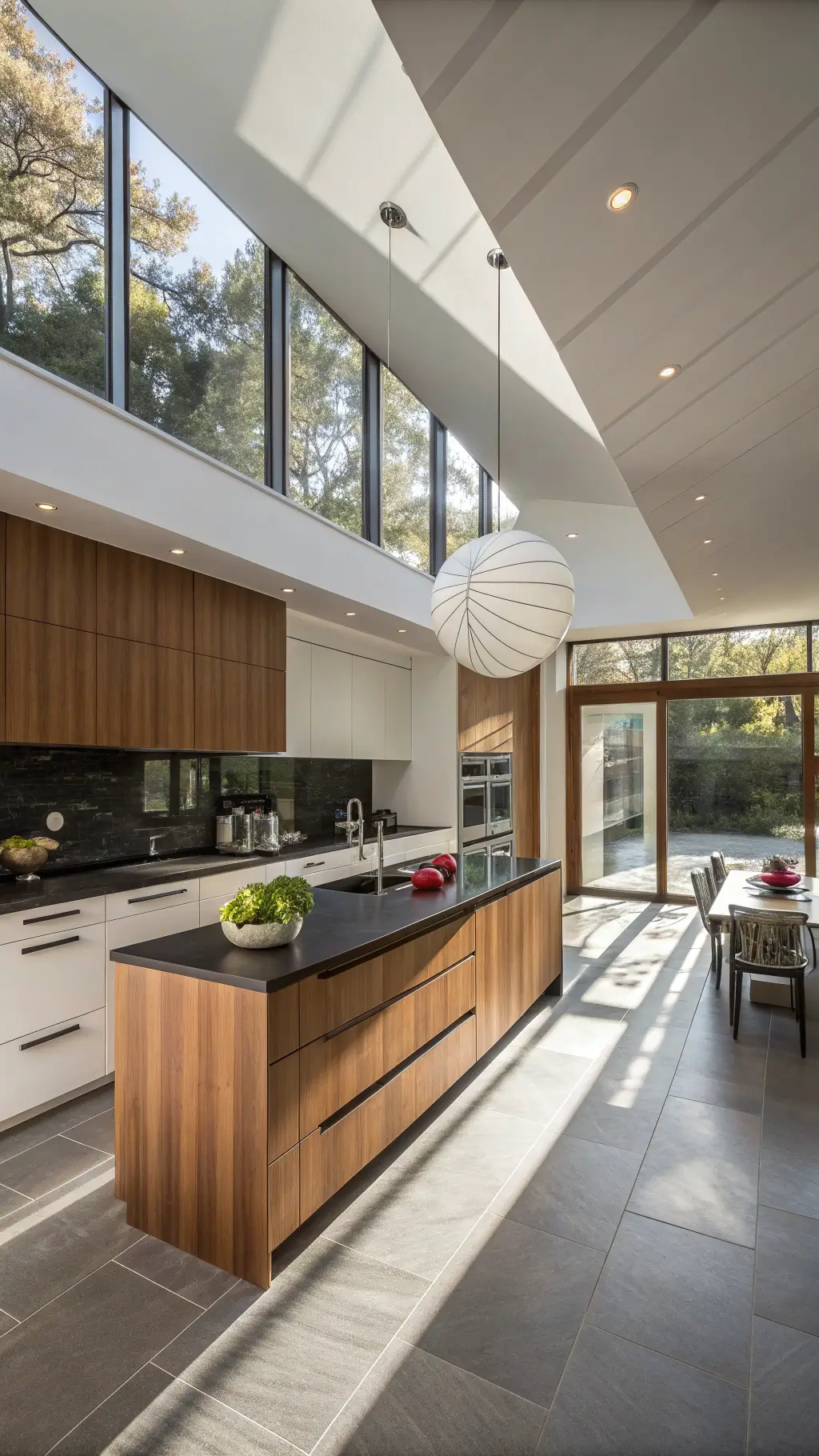 Above-shot of modern minimalist Japanese style kitchen with walnut storage panels, black granite counters, and a central island with hidden compartments against oak flooring.