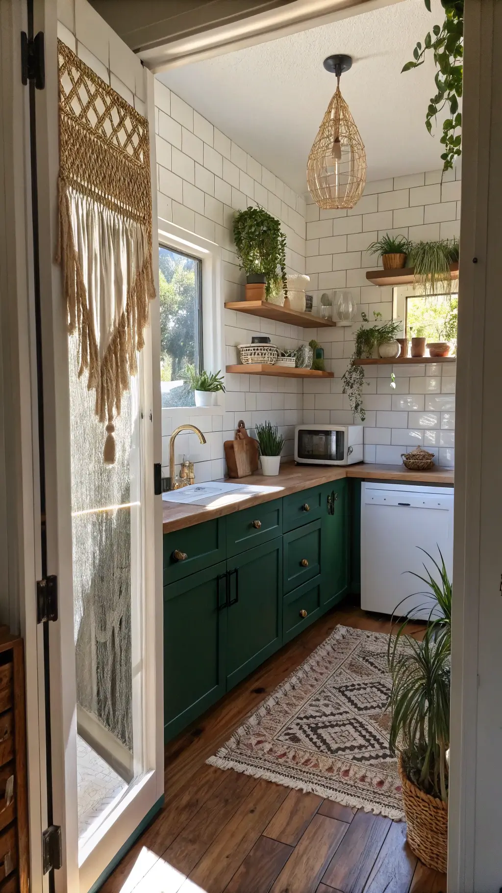 Bohemian micro kitchen with emerald green lower cabinets, white subway tile walls, and white appliances, furnished with wooden shelves holding pottery and plants, and a Moroccan pendant lamp casting patterned shadows.