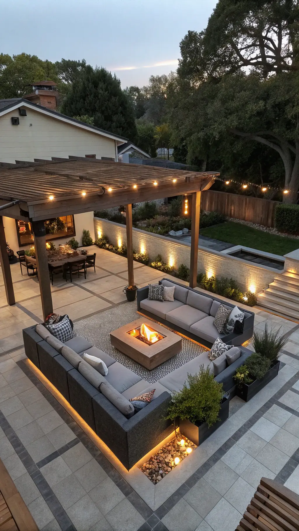 Elevated view of a luxurious 18x24ft patio at dusk, featuring a custom cedar pergola over a grey velvet sectional, a central copper fire table on a geometric tile floor, integrated LED uplights, and olive trees in black metal planters for privacy.