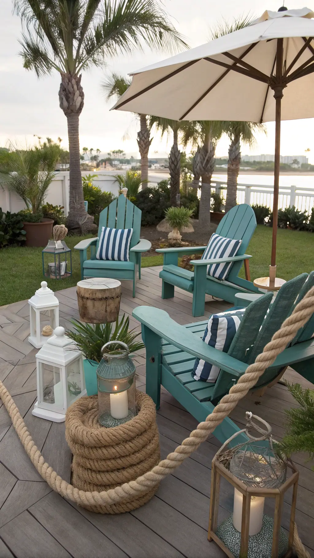Mid-afternoon wide-angle shot of a coastal-inspired 18x24ft deck space with seafoam blue Adirondack chairs, nautical-striped pillows, rope-detailed lanterns, a rope-wrapped table, white canvas umbrella, and potted palm trees.
